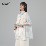 QGF短袖衬衫女夏季新款港味ins设计感中性水墨扎染宽松百搭休闲上衣 水墨蓝色 【高品质】 M 建议100-115斤】