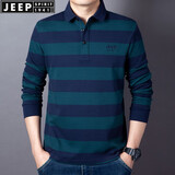 JEEP SPIRIT吉普休闲纯棉翻领条纹长袖t恤男春秋珠地商务体恤衫绣标大码上衣 木兰6906款 XL (180) /96A建议145-155斤