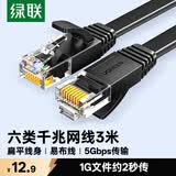 绿联六类网线 千兆网络宽带线 CAT6类家用电脑监控扁平网线 8芯双绞双接头成品跳线 3米 黑色50175