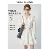VEGA CHANG法式白色荷叶边连衣裙夏季 V领短袖度假风白色蕾丝裙子女 云朵白（长袖） S