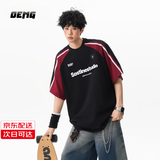 OEMG 复古重磅拼接撞色短袖t恤男士夏季学院风痞帅潮流牌高级感上衣服 黑色 L [建议100-110斤]