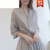 赛莉森连衣裙女2026春秋新款法式收腰气质显瘦衬衫长袖休闲V领中长裙子 灰色 L 105-120斤