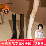 达芙妮厚底V口长筒靴女2026秋冬爆款女靴高筒靴显瘦百搭增高骑士靴子女 黑色【加绒款】 36