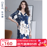 达尔丽睡裙女夏季纯棉睡衣短袖V领宽松家居服优雅牡丹印花国潮长款可外穿连衣裙 蓝色T8202201-031 L 【建议体重100-120斤】