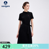 Navigare意大利小帆船短袖连衣裙女士夏季棉质斜领裙子时尚显瘦半袖a字裙 暗夜黑 XL 码