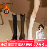 达芙妮厚底V口长筒靴女2026秋冬爆款女靴高筒靴显瘦百搭增高骑士靴子女 黑色【加绒款】 35