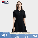FILA 斐乐官方女装编织连衣裙2026夏新款简约翻领修身收腰连身裙 正黑色-BK L 170/88A/L