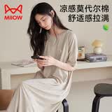猫人睡裙女士睡衣夏季薄款棉莫代尔短袖长裙大码家居服米杏色
