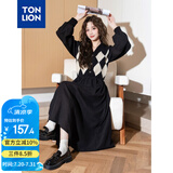唐狮（TonLion）2024黑色v领拼接格纹连衣裙女复古针织格子裙气质长裙 黑色 L 