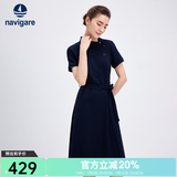 Navigare意大利小帆船短袖连衣裙女士夏季棉质斜领裙子时尚显瘦半袖a字裙 海军蓝 M 码