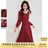 尚都比拉新年红高级感长袖连衣裙女春秋气质方领中长款内搭打底赫本风裙子