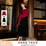 香影中长款黑色丝绒半身裙女2026秋季新款新年正式场合高腰长裙子 套装 上衣+半身裙 L