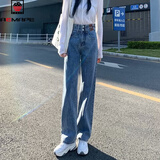 AEMAPE 裤子女2026春秋夏季女装高腰阔腿裤牛仔裤女宽松显瘦加绒直筒裤 MX-10-1215_复古蓝 M _建议_95-105斤