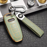 适用于奥迪新A6LA4LA7A8LA6Q8汽车钥匙包套 改装遥控器钥匙壳男女锁匙扣钥匙挂链车内饰品 【A款智能三键】抹茶绿+压纹皮双扣 汽车用品 功能小件