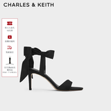 CHARLES&KEITH一字带缎面蝴蝶结绑带高跟凉鞋子女鞋生日礼物送女友CK1-61720177 BLACK TEXTURED黑色纹理 37