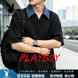 花花公子（PLAYBOY）美式复古v领短袖t恤男宽松半袖潮牌潮流半拉链体恤衫男纯色大码 黑色 6XL 220-240斤