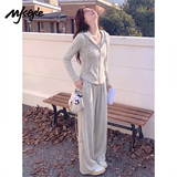 MJ STYLE仿羊绒连帽修身开衫拼糯米裤女2026年春秋新款修身显瘦通勤套装