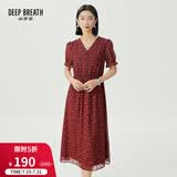 深呼吸DEEP BREATH女装法式V领网纱弹力松紧腰印花连衣裙A500294 红花 M (3)