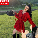 槿城红色荷叶边套装裙西北旅游穿搭上镜显白系带分体半裙两件套TZ80 红色裙子套装 S