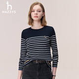 哈吉斯（HAZZYS）女装 2026新款秋季女士长T经典圆领条纹休闲长袖T恤女ABTSE0DCF05 藏青色NV L (165/88A 40)