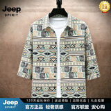 JEEP SPIRIT民族风印花衬衫男短袖2026新款宽松休闲袖花衬衣七分袖衬衫外套 杏色 M 165/(适合100-115斤)