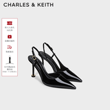 CHARLES&KEITH漆皮尖头斑马纹高跟凉鞋生日礼物送女友CK1-60280477 Black Patent黑色 36 （230）