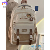 普拉魅书包初中生女高中生日系工装风女韩版大容量撞色双肩包旅行背包男 米白色+徽章