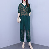 法萝迪 中年女装休闲裤女夏新款阔腿裤套装女士时尚哈伦裤女裤子 绿色 L（建议95-110斤）