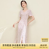尚都比拉夏季V领碎花连衣裙中长款收腰显瘦气质印花裙子 粉底花色 M 