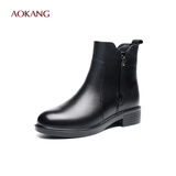 奥康（Aokang）女棉鞋冬季保暖加绒牛皮短靴防滑耐磨妈妈鞋棉皮鞋马丁靴女 黑色升级加绒 37