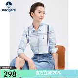 Navigare意大利小帆船女士长袖衬衫春秋季休闲格子衬衣莱赛尔高档寸衫 蔚蓝/白 XL