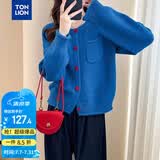 唐狮（TonLion）2025秋冬新款女毛衣韩系撞色扣设计圆领针织开衫红色新年款毛衣