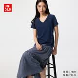 优衣库竹节纱V领T恤/短袖女装纯棉打底休闲百搭26春夏新款483460 483460/69藏青色 3XL