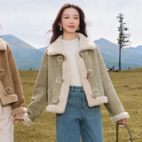 香影【咩咩绒】牛角扣皮草女冬季皮毛一体毛绒绒短款外套 豆沙绿 S