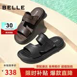 百丽七夕礼物两穿凉拖鞋男夏商场款牛皮休闲沙滩凉鞋8GF01 黑-哑光 44