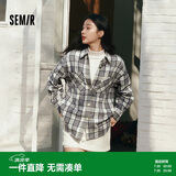 森马长袖衬衫女秋中长款宽松翻领落肩格纹上衣101125105007