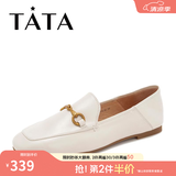 他她（TATA）方头乐福鞋女休闲平底一脚蹬小皮鞋女单鞋春秋款FLC22AM5 米色 36