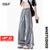 QGF 美式条纹牛仔裤秋季女生宽松直筒松紧腰裤子四季百搭显瘦阔腿裤 黄泥色 【高品质】 M 【建议90-110斤】