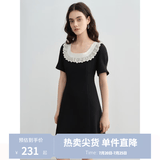 独束大码女装优雅蕾丝花边领小黑裙夏装赫本风高腰A字中长款裙子 赫本黑-短款 L (尺码：2)