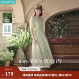 茵曼（INMAN）法式薄荷曼波连衣裙2024夏女装新品V领灯笼袖抽绳 水沫绿 L