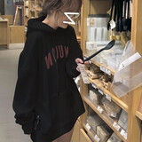 娇茹妮 港风chic复古加绒加厚连帽卫衣女秋冬宽松情侣装慵懒风外套ins潮 黑色加绒（高品质银狐绒） M (90—109斤）