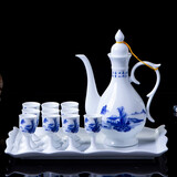 九楼阁 景德镇青花高温陶瓷仿古白酒酒壶酒杯酒具套装高脚杯酒具1壶10杯 好山好水 泡沫安全包装--不含托盘