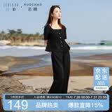 三彩大码女装2025夏季新款仿麻上衣长裤两件套装休闲方领通勤胖MM