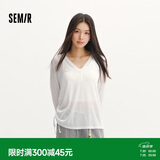 森马（Semir）长袖T恤女夏季V领纯色仿麻宽松抽绳罩衫2026温柔上衣109326101006