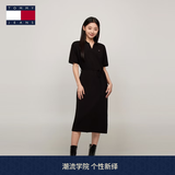 TOMMY JEANS【透气舒适】春夏女装珠地棉气质收腰显瘦V领宽松长裙连衣裙 黑色BDS S （推荐：95-110斤）