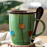 悠瓷（youcci） 陶瓷杯子家用牛奶杯创意鼓型手绘咖啡杯 办公室水杯带盖带勺马克杯日式复古 鼓型杯草绿+棕瓷盖