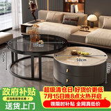 澜心 茶几客厅岩板简约圆形可伸缩小茶几收纳储物电视柜 双抽-黑架70灰玻50白岩板-灰抽D