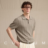 CULTUM【55%苎麻】意式苎麻棉POLO短袖复古提花翻领男士百搭针织T恤 卡其绿 L