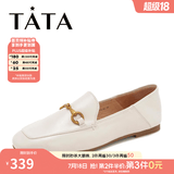 他她（TATA）方头乐福鞋女休闲平底一脚蹬小皮鞋女单鞋春秋款FLC22AM5 米色 35