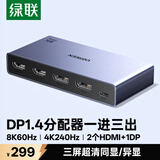 绿联DP1.4分配器一拖三8K60Hz/4K240Hz超清三屏同显/异显一分三1进3出 主机显卡接显示器电视55490